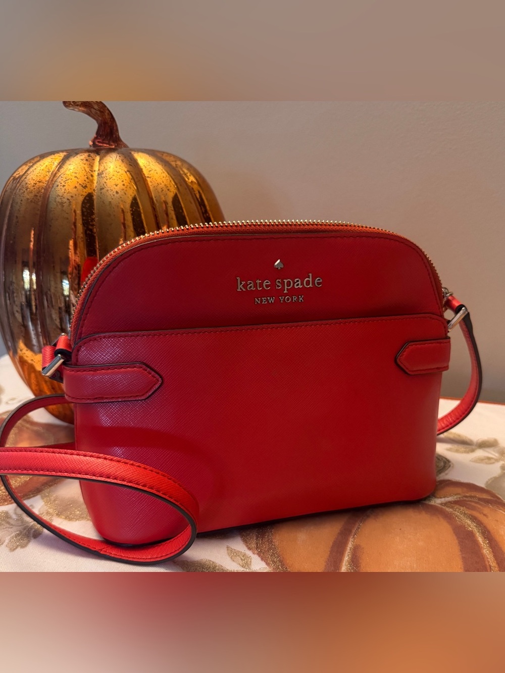 Kate Spade New York Orange Red Saffiano Leather Dome Crossbody Bag Purse Small